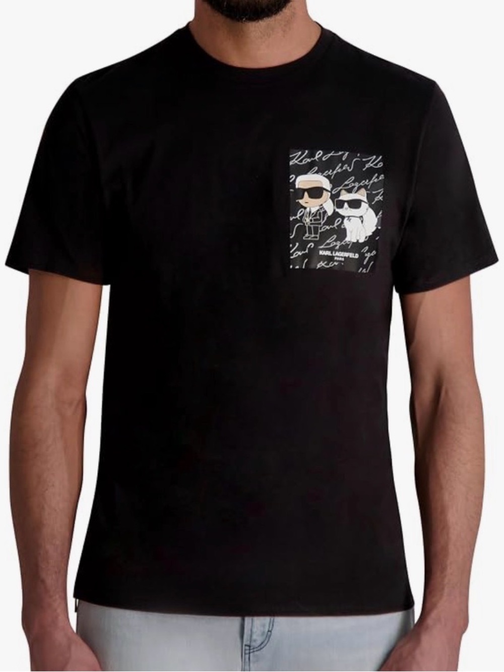 Karl Lagerfeld Black Short-Sleeve Tee with Character Pocket Print